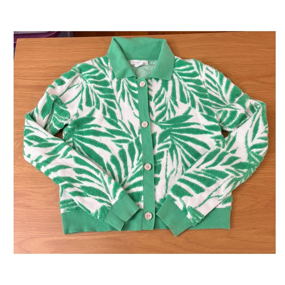 Cynthia Rowley Green White Palm Leaf Terry Cloth Button Cardigan Sweater Medium